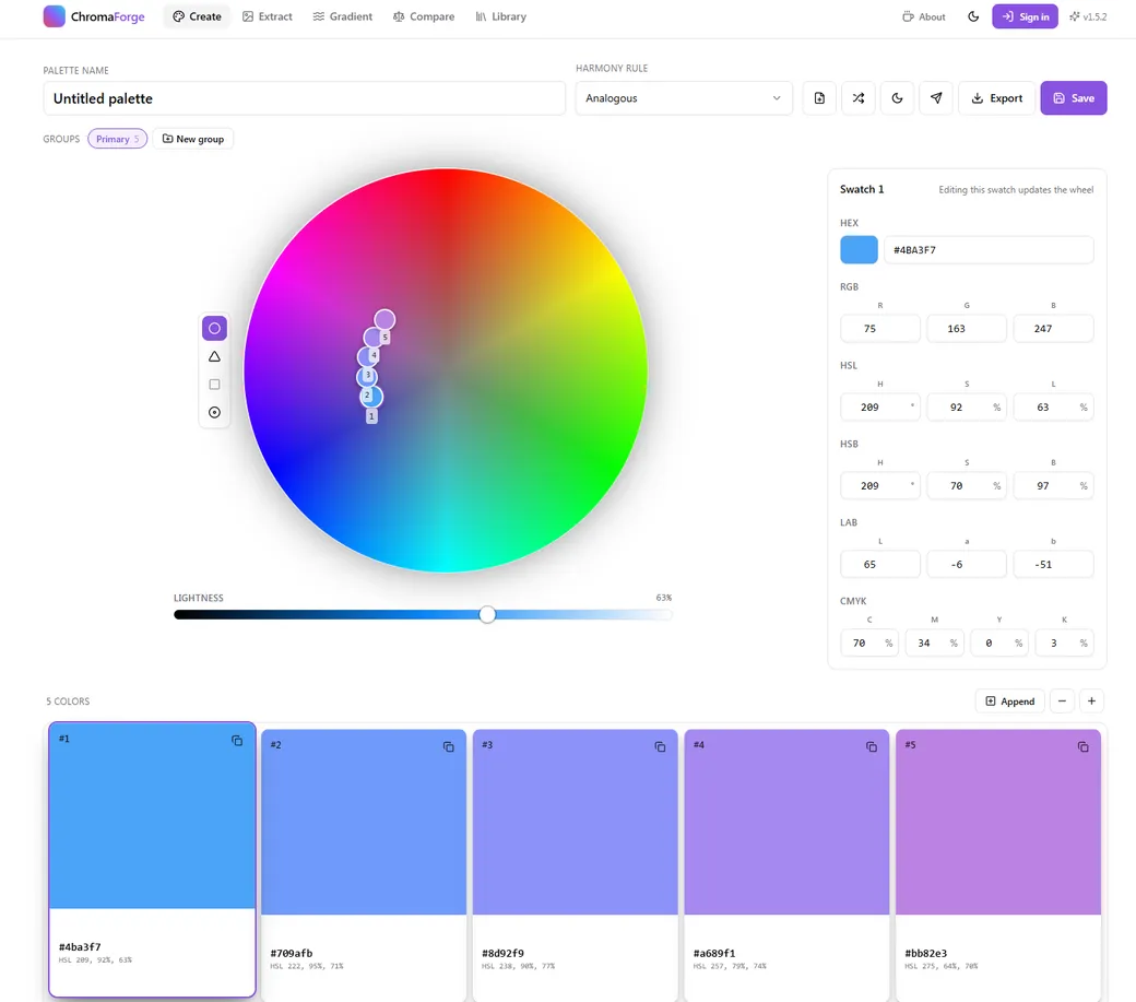 ChromaForge color wheel and palette editor